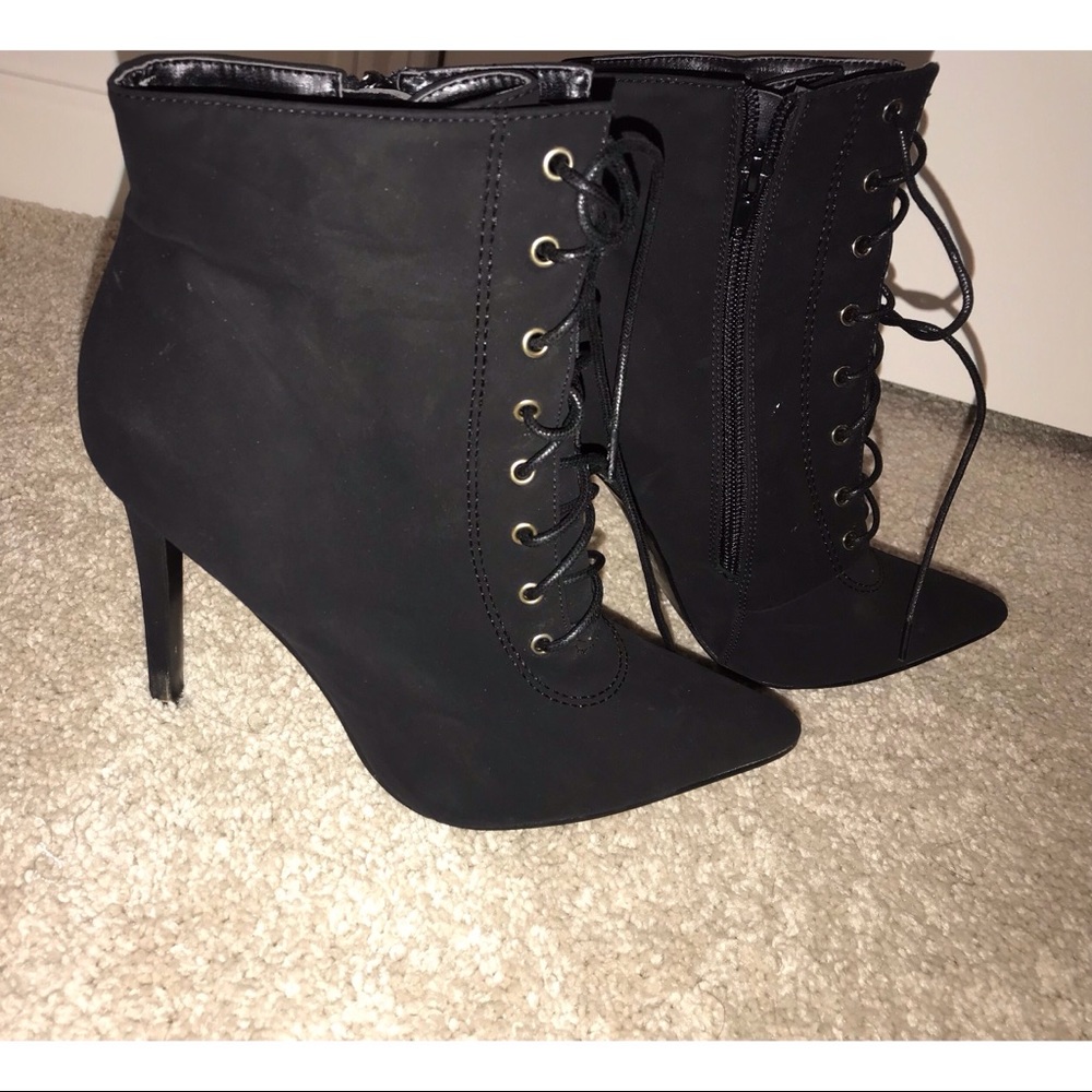 Black Pointed Lace Up Booties